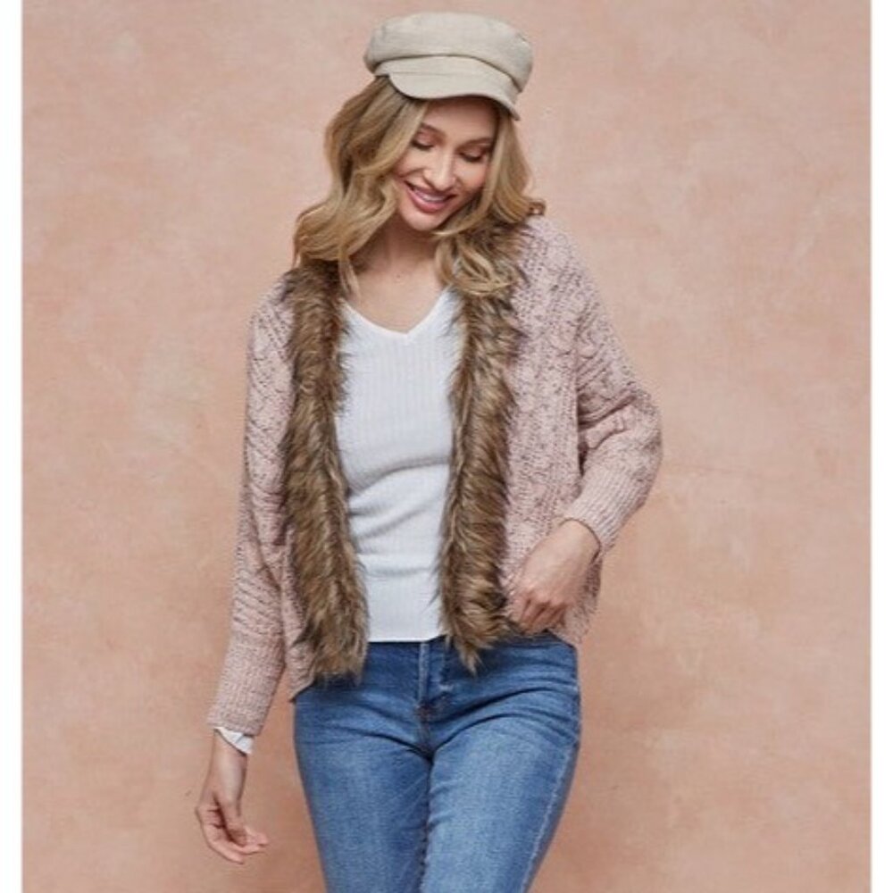 Faux Fur Trim Brown Cable Knit Cardigan | Boho Grunge Fairy Cottagecore Cozycore - Picture 15 of 16